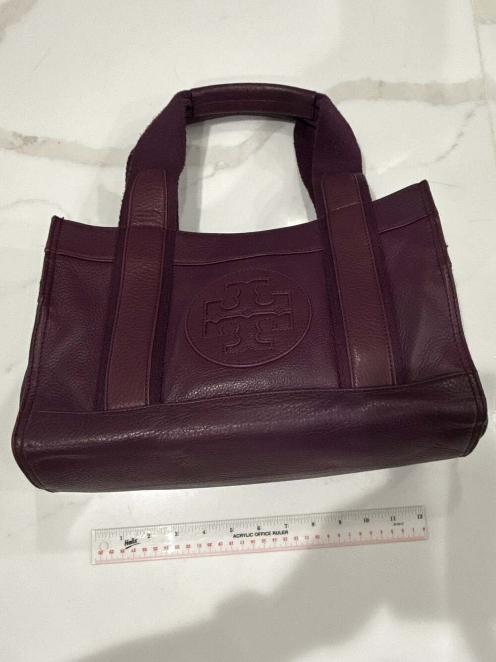 Tory Burch Purple Pebbled Leather Tote Bag with Logo Embossed Front
